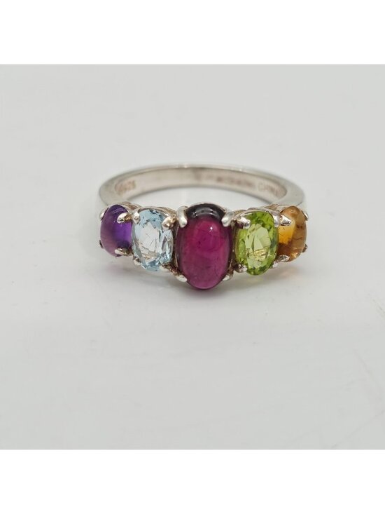925 Jewelry - Sterling Silver Multi-Gemstone Ring Oval Cabochon & Faceted Citrine Stones 7